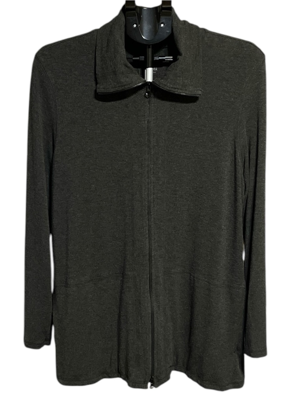 Eileen Fisher Full-Zip-Tunic Length Knit Jacket Dark Charcoal. Viscose-Spandex
